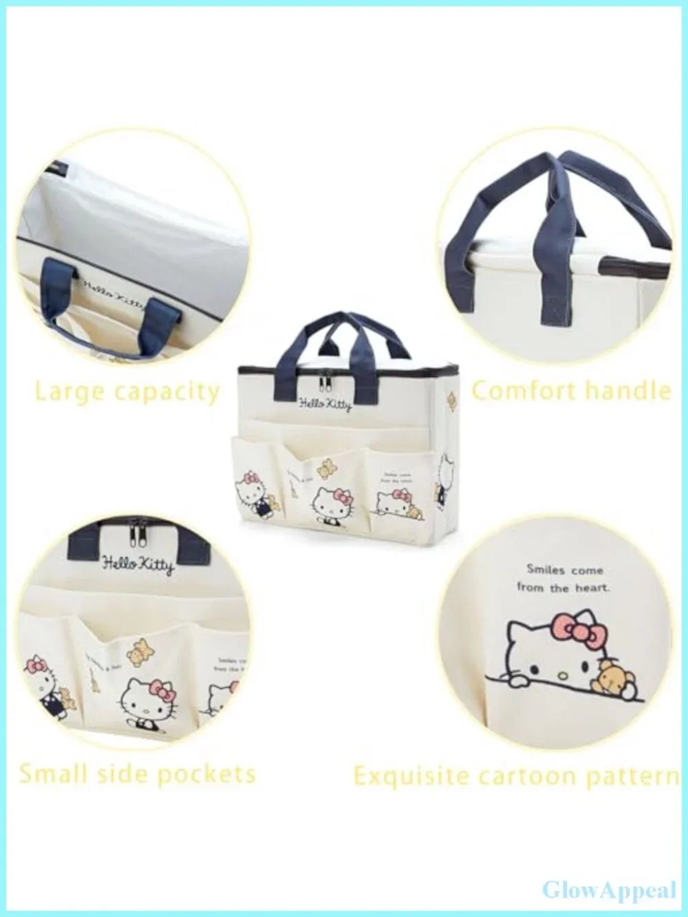 Cute Canvas Tote Bag with Top Zipper, 4 Pockets, Lightweight Oxford Cloth